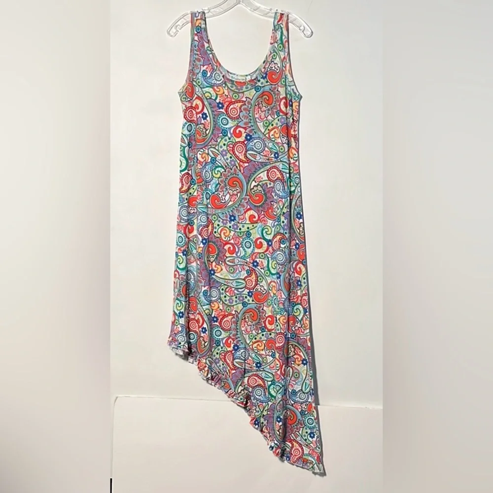 LULU-B Resort 100% Cotton Vibrant Paisley Asymmetric Ruffle Hem Beach Dress SZ S - Picture 1 of 14